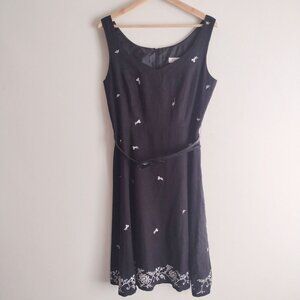 Dressbarn Black White Floral Embroidered Dress 8 Linen Blend Fit n Flare Y2K